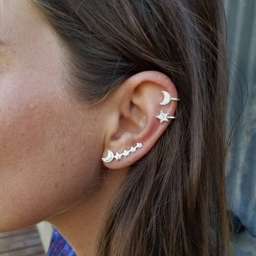 Star & Moon Diamond Cuff Stud Earrings
