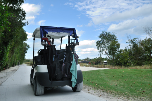 Golf cart parked beside a tee box on a Florida golf course.