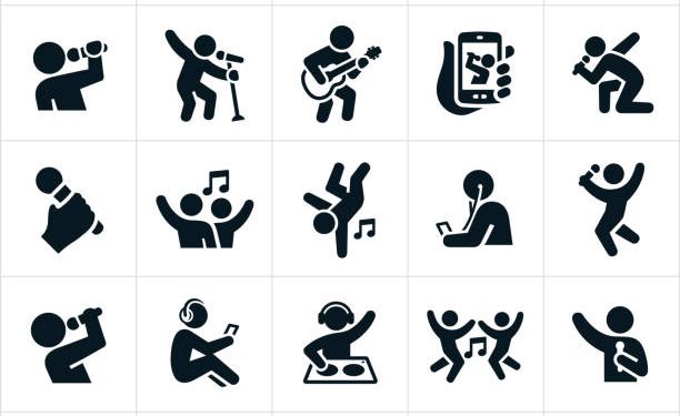 A collection of music, dance and singing icons. The icons include dancers, singers, drummer, guitarist, musicians, band, concert, microphones, listening to headphones, DJ and other music related themes.