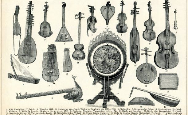 Music antique string Instruments
mandolin - balalaika - zither - violin - harp
Original edition from my own archives
Source : Brockhaus 1895