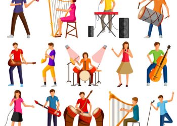 vector illustration of set of Musician and artists playing guitar, drum, harp, keyboard