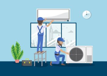 Technician repairing split air conditioner on a blue wall. Construction building industry, new home, construction interior. Cartoon character vector illustration
