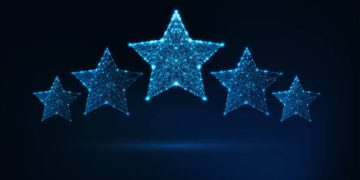 Five stars rating, luxury service, client satisfaction concept. Futuristic glowing low polygonal wireframe design. Vector illustration.